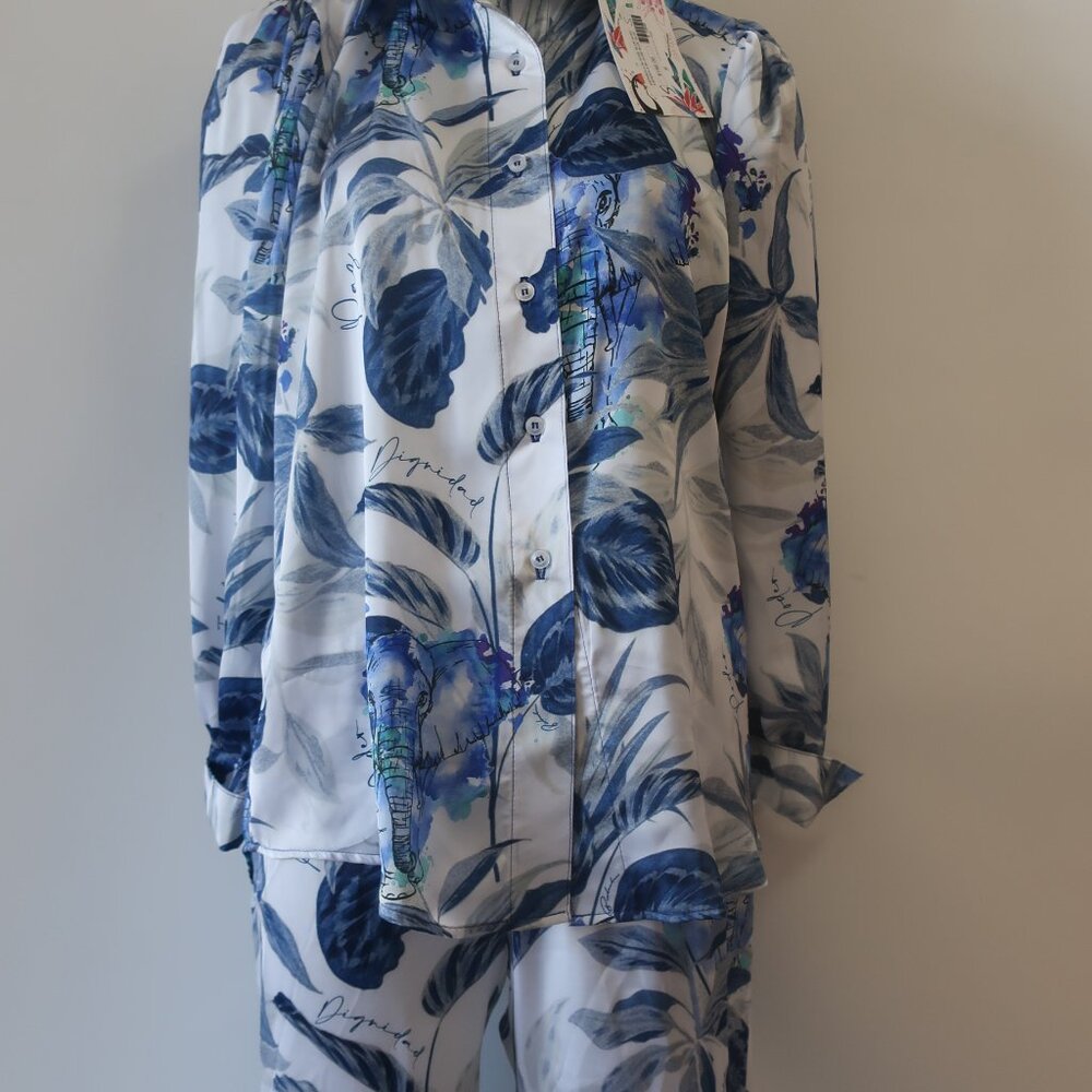 NWT Womens Bululu Espanola Blue Blouse, Aruba Elephant Satin Pants M Set - Picture 8 of 13